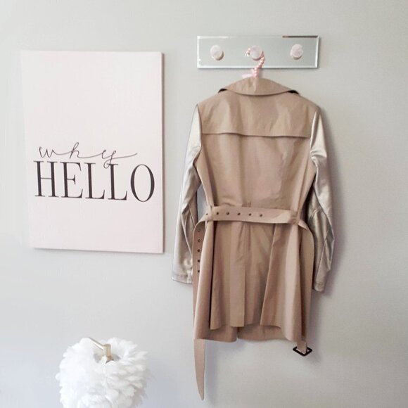 Preloved BCBG belted khaki gold faux leather sleeve trench coat jacket - Picture 8 of 16